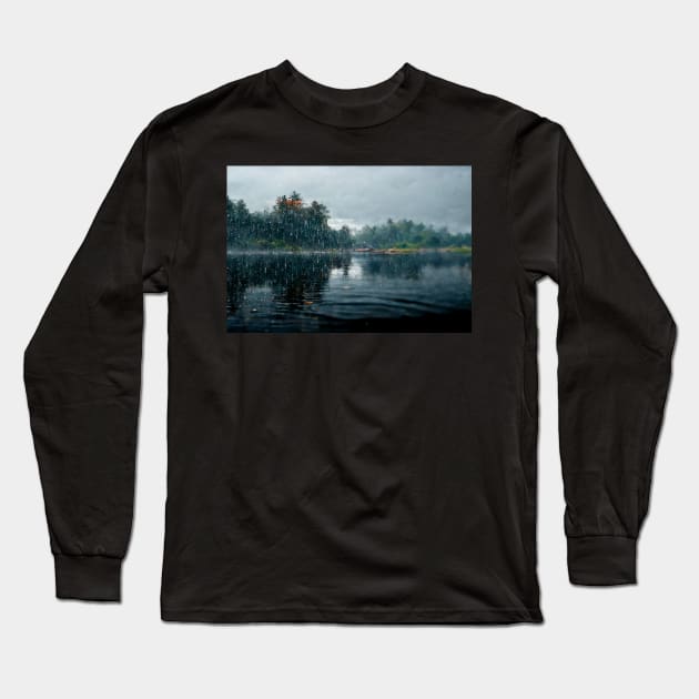 Foggy Lake Falling Raindrops On A Rainy Autumn Day Long Sleeve T-Shirt by Unwind-Art-Work